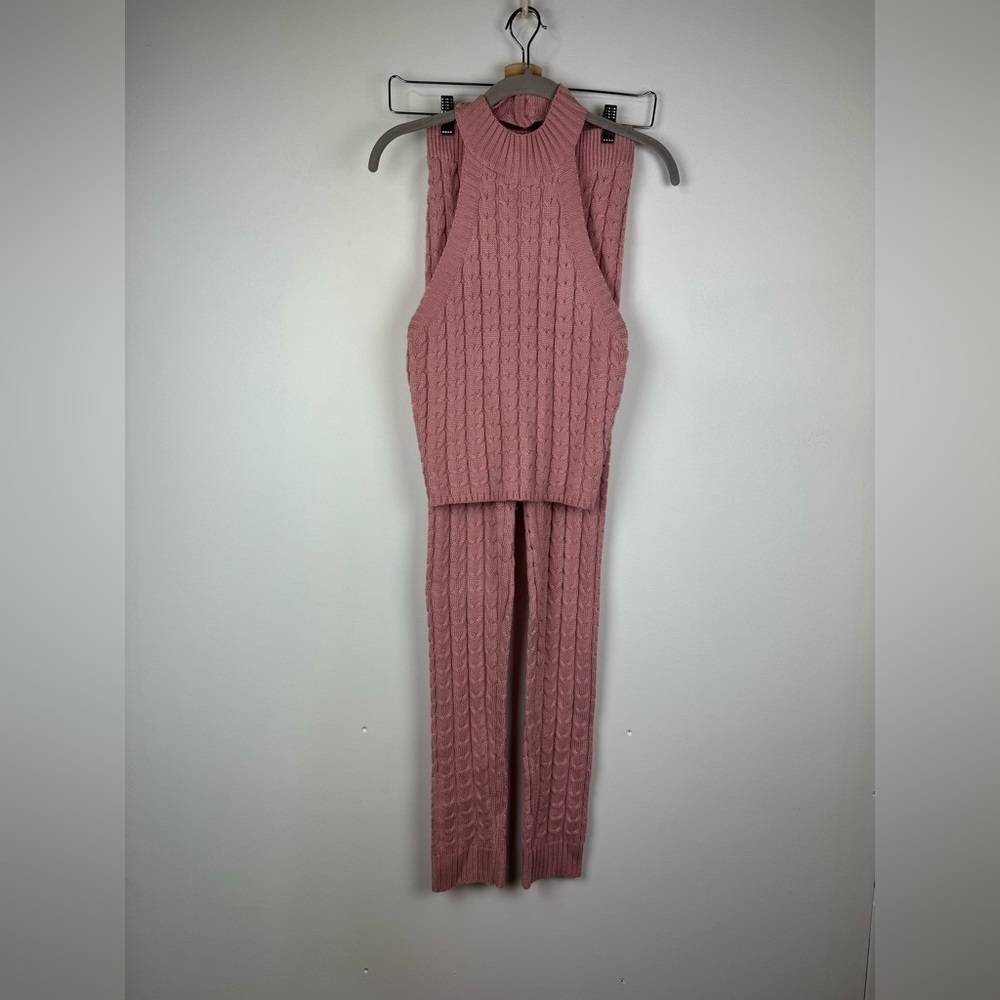 Black Label By C’EST Toi Pink Cable Knit Legging and Halter Top Set, Size Small